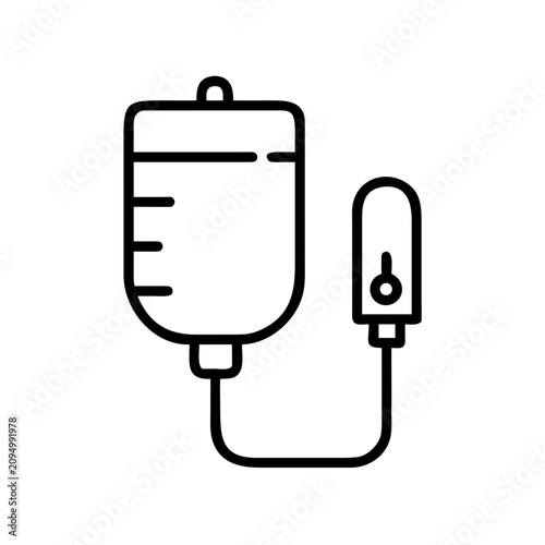 Medical iv drip bag and tube with controller - Clean black and white vector icon of IV bag connected to a tube and flow controller device.