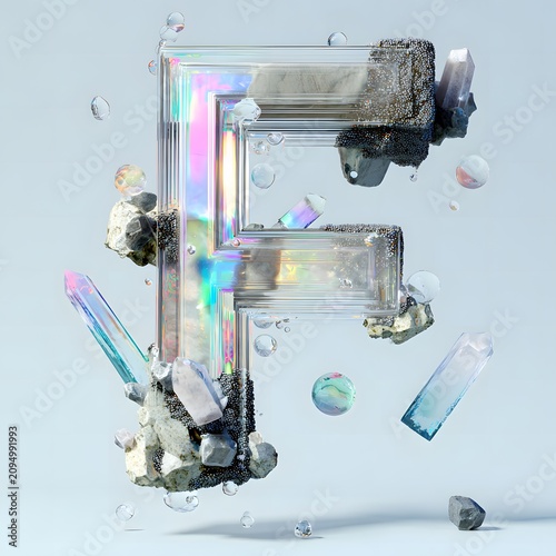 Abstract luxury composition featuring the letter F, surrounded by crystals, bubbles, and textured elements on a light background, showcasing modern design aesthetics