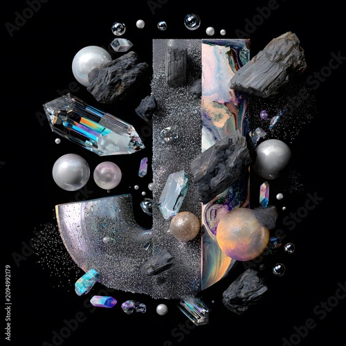 Abstract luxury composition of the letter J featuring various gemstones, pearls, and rocks against a black background, showcasing intricate textures and reflections