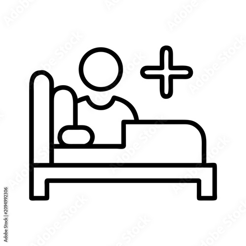 Person resting in bed with plus sign icon - Simple vector icon of a person lying in bed with a large plus sign, indicating addition or medical care concept.