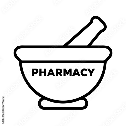 Black pharmacy mortar and pestle icon with text - Minimalist black and white pharmacy mortar and pestle icon featuring the word PHARMACY inside the bowl