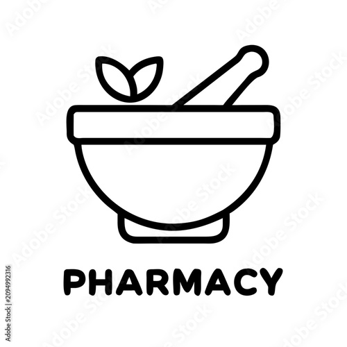 Black pharmacy mortar and pestle icon with leaf - Minimalist black icon of a pharmacy mortar with pestle and green leaf symbolizing medicine and health.