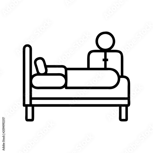 Person sitting on bed next to sleeping figure - Simple black and white vector icon showing a person sitting on a bed beside someone lying down.