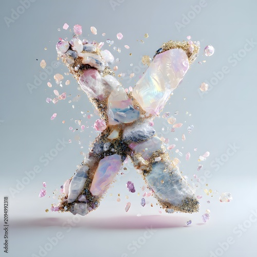 Abstract luxury composition of the letter X created with colorful gemstones and crystals, surrounded by sparkling particles against a soft gray background