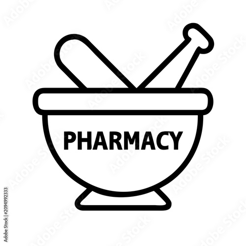 Black pharmacy mortar and pestle icon with text - Minimalist black icon of a mortar and pestle used in pharmacy with the word pharmacy inside the bowl