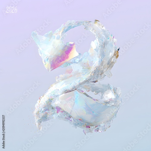 Abstract luxury composition featuring the number two, crafted from crystalline elements with iridescent surfaces against a soft pastel background