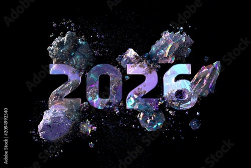 Abstract luxury composition featuring the number 2026 surrounded by colorful crystals and gemstones on a black background, showcasing a modern design aesthetic