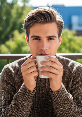 Handsome Young Man Holding A White Mug And Enjoying A Morning Coffee Outdoors On Balcony