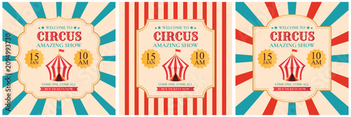 Set of square vector templates for vintage circus posters. Promotional banners and flyers 
