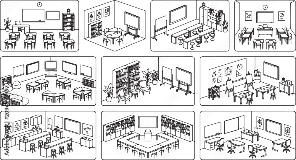 Fototapeta premium School Classroom Layout and Interior Icons Set