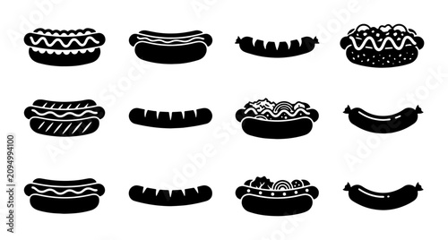 Fotografía 12 Black Hot Dog Icons, Sausage Vector Graphics, Fast Food Symbols, Street Food