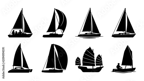 Tableau sur toile Diverse Sailboat Silhouettes Vector Set: Nautical Vessels, Sailing Boats, Marine