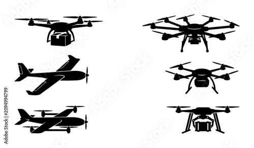 Obraz na płótnie Drone and Airplane Silhouettes, Aerial Vehicle Icons, Modern Aviation Vector Set