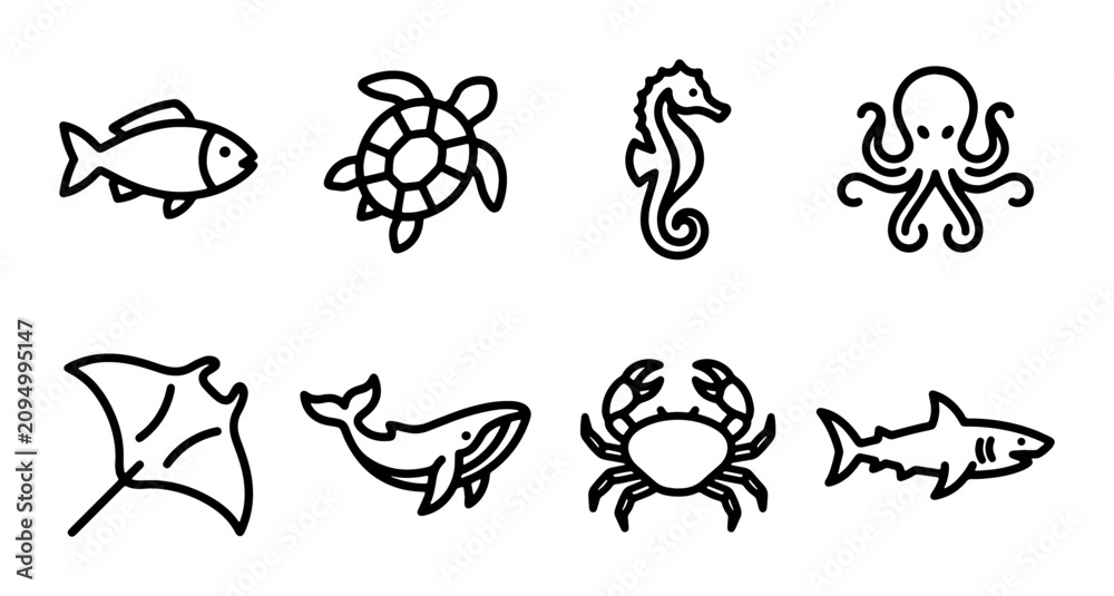 Obraz premium Ocean Life Icons: Marine Animals, Sea Creatures, Aquatic Vector Graphics Set for Design