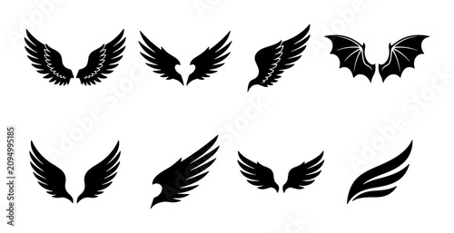 Tableau sur toile Diverse Wing Icons Set: Angelic, Bat, Feathered, and Stylized Vector Graphics fo