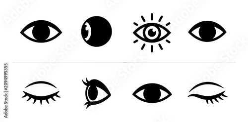 Tableau sur toile Set of Black Eye Icons, Vision Symbols, Ophthalmology, Sight, Looking, Open and