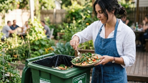 Woman composting food scraps in backyard garden with outdoor dining scene