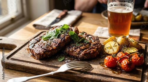 Grilled steaks with roasted potatoes and cherry tomatoes served with a cold beer