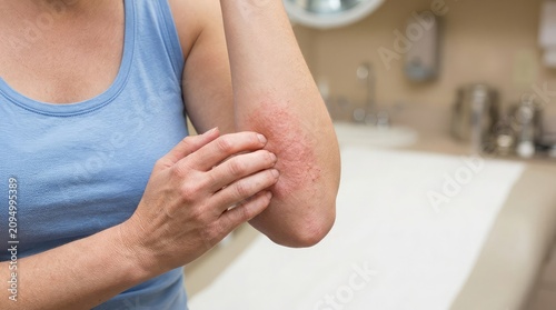 Close up of woman's arm with visible eczema and skin irritation
