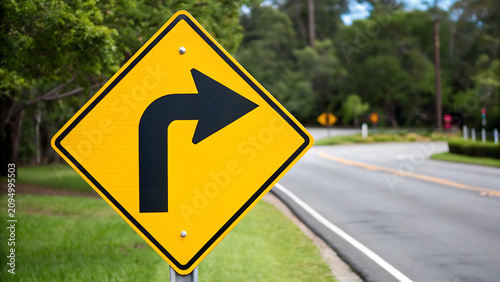 Yellow road sign showing left turn arrow. Curved directional traffic sign on highway. Essential traffic guidance for drivers and navigation.