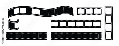 Konstfotografi Film Strip Collection: A curated assortment of vintage and modern film strips, showcasing cinematic history with a variety of frames and perforations, presented in a dynamic arrangement