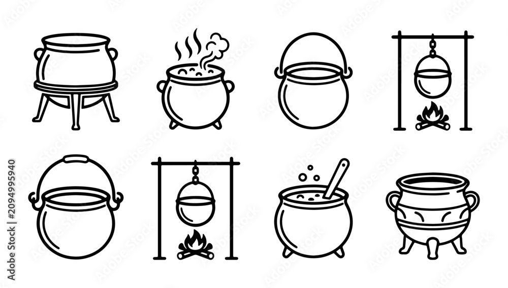 Obraz premium Cauldron Icons Set: Witchcraft, Alchemy, Cooking Pots, Halloween Symbols, Vector Graphics