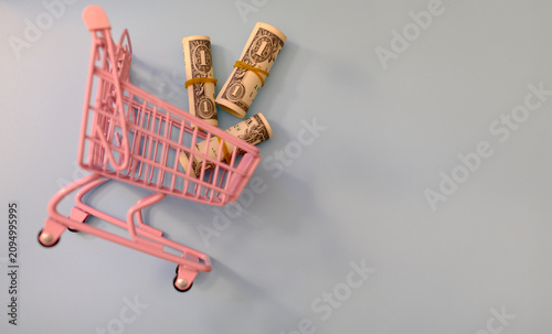 Фотография Small pink toy shopping cart filled with one dollar bills, savings and family budget concept