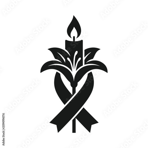 Fotografie Memorial candle with lily flower and mourning ribbon vector