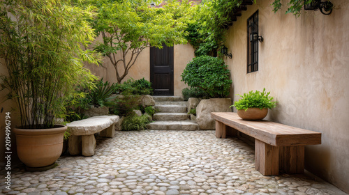 Stone Benches and Tall Potted Plants in Inner Courtyard