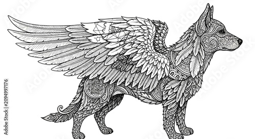 Fotografie Winged Dog Mythical Creature Illustration.