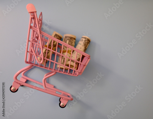 Фотография Small pink toy shopping cart filled with one dollar bills, savings and family budget concept