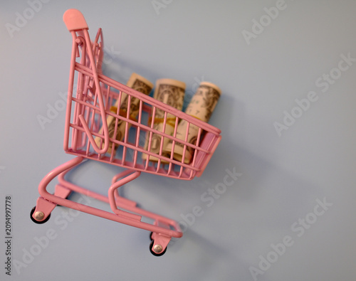 Принти на полотні Small pink toy shopping cart filled with one dollar bills, savings and family budget concept