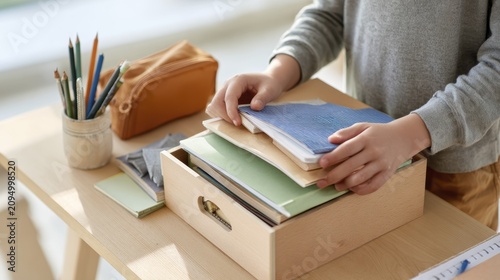 Child organizing desk with school supplies and wooden drawer on sunny day