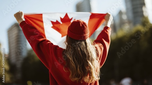 Young woman celebrating canadian pride in urban park with national flag