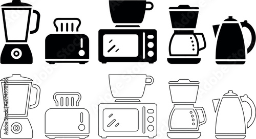 Modern kitchen appliance icons in silhouette and line art with appliances