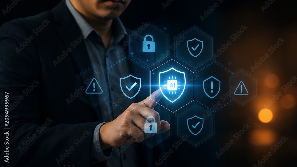 Obraz premium AI Cybersecurity Protection Shield with Artificial Intelligence Security System for Threat Detection, Data Protection and Secure Digital Network Defense