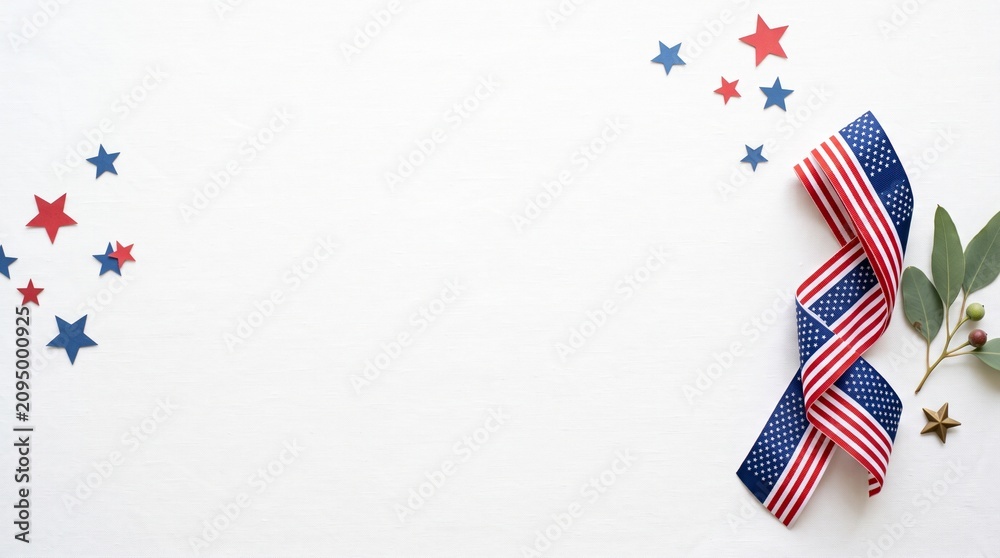 Obraz premium Patriotic red white and blue ribbon and stars composition with patriotic background decoration