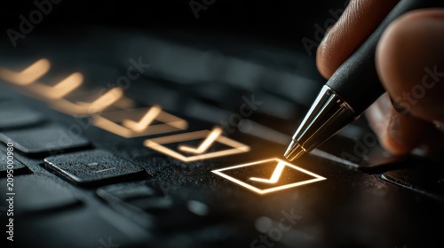 Business assessment and certification concept, featuring online exams or surveys where correct answers are selected, representing international product standard certifications.