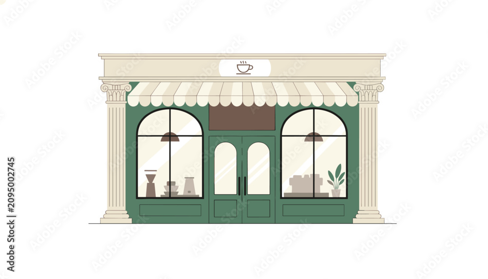 Fototapeta premium Classic coffee shop with a striped awning and ornate columns at the entrance.