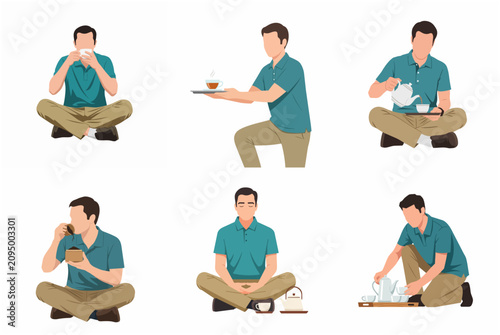 Flat vector illustration set of a man drinking tea and coffee, pouring from a teapot, and meditating in various sitting and kneeling poses.