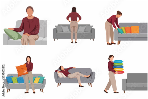 Woman decorating her home, arranging colorful pillows on a gray sofa, and relaxing, flat vector illustration set