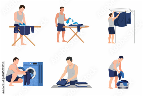 Man doing various laundry chores set including washing, ironing, folding, and drying clothes flat vector illustration