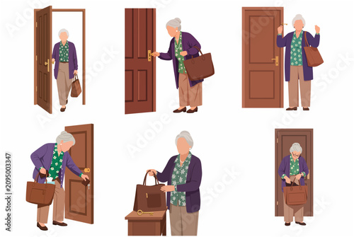 Senior Woman Opening and Locking Door with Keys Vector Illustration Set