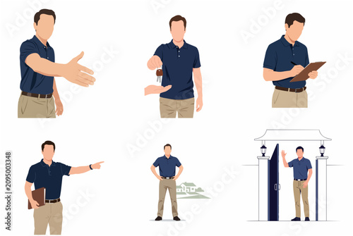 Professional Real Estate Agent Character Set with Poses for Handshake, Giving Keys, and Welcoming Home Buyers