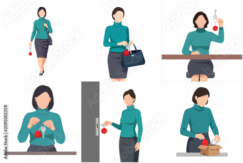 Flat vector illustration set of a woman holding keys with a red pompom keychain in various daily activities like walking, opening a door, and unpacking