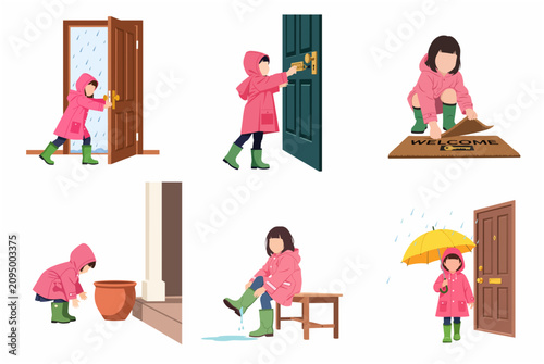 Set of Illustrations of a Little Girl in Pink Raincoat and Green Boots Coming Home During a Rainy Day, Opening Door, Finding Hidden Key, and Holding an Umbrella