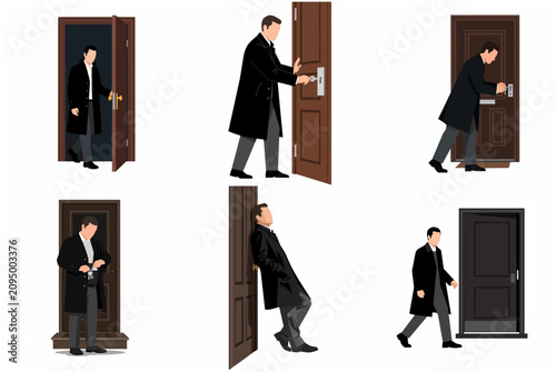 Man in Black Coat Interacting with Door Set, Vector Illustration of Opening, Locking, and Leaving Home