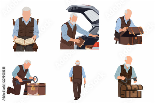 Elderly man character set engaged in various activities like reading book, unpacking car trunk, and opening vintage treasure chest