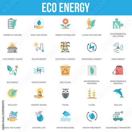 Eco energy and environmental sustainability flat vector icons with environment