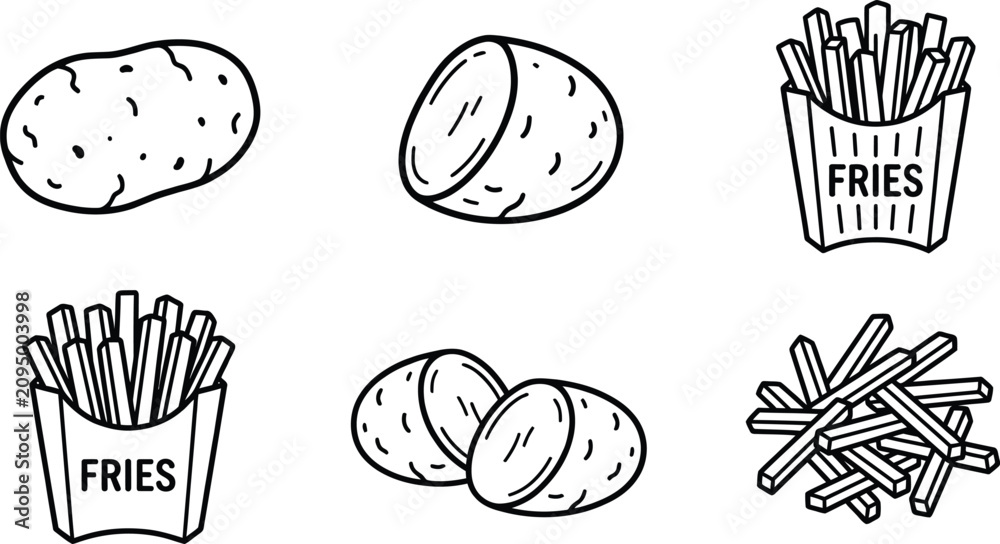 Obraz premium A collection of black and white line art icons depicting whole potatoes, sliced potatoes and french fries